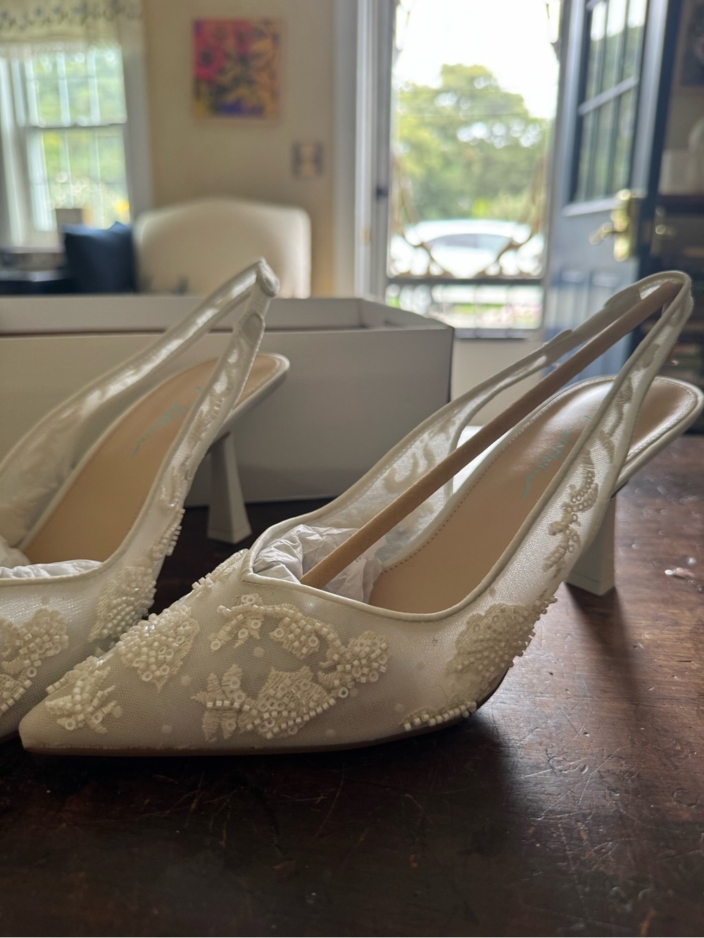 Betsey Johnson Ivory Beaded Slingback Heels